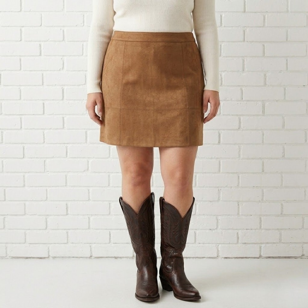Reitmans Faux‎ Suede Skirt Womens 14P Brown Mini Western Boho Cowgirl Vegan NEW